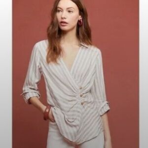 Anthropologie Maeve Mauve Ivory Surplice Wrap Draped Long Sleeve Blouse Shirt 4